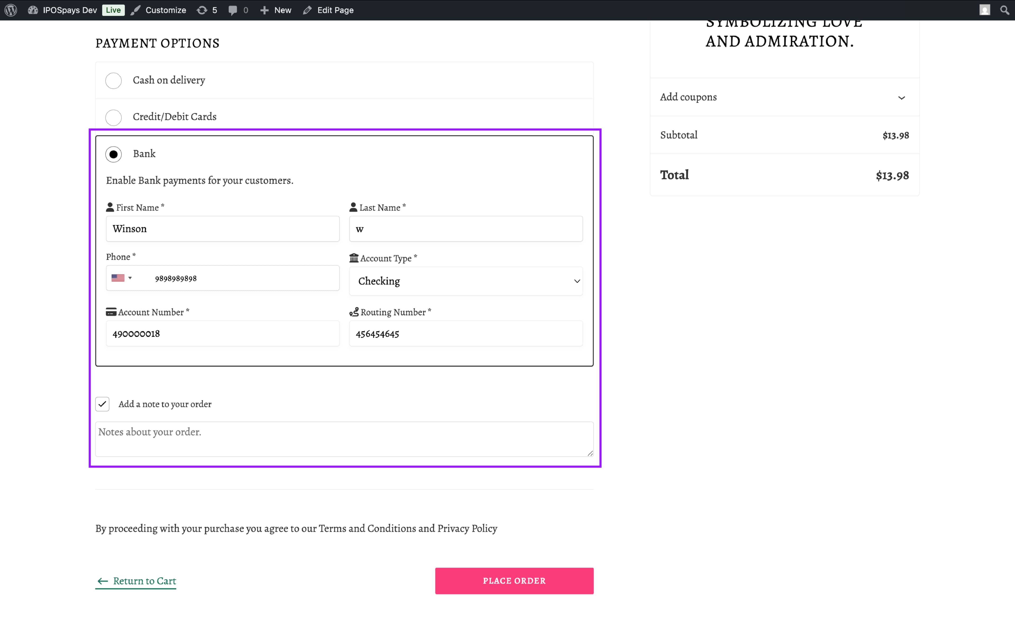 Demo checkout page