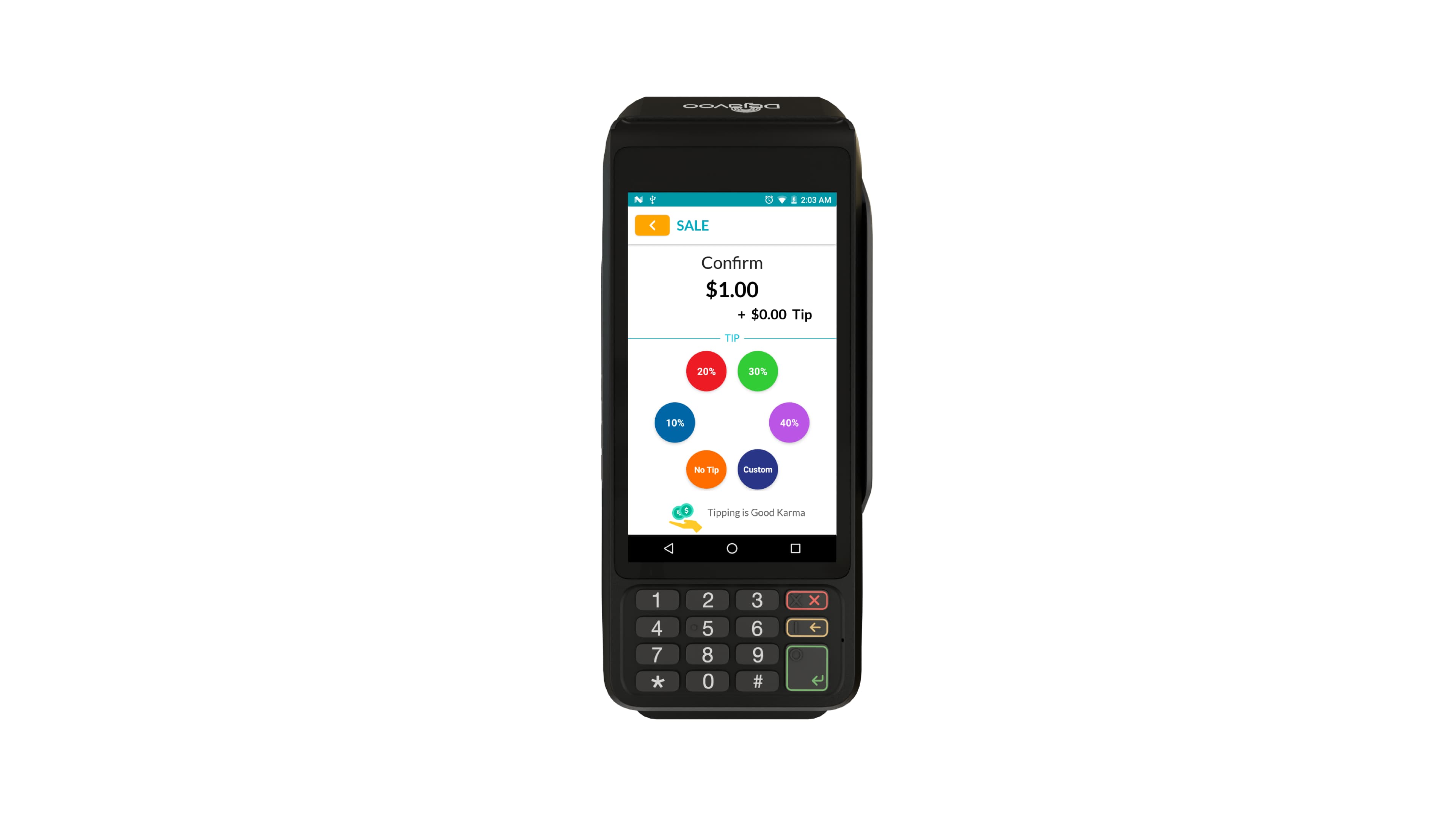 Tip screen appears first because tipping was enabled for the TPN